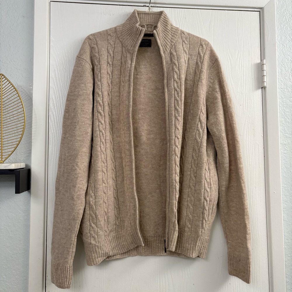 Watsons REG.TRADEMARK Wool Blend Men’s Beige Cable Knit Zip Cardigan Size Large